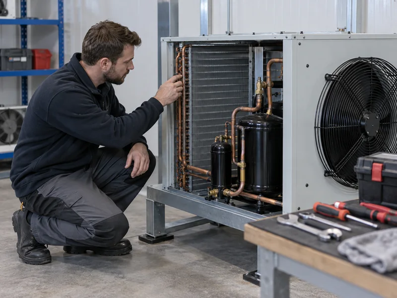 Illustrative technician inspecting cold room condensing equipment
