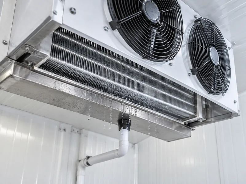 Illustrative cold room evaporator and drain pan after defrost
