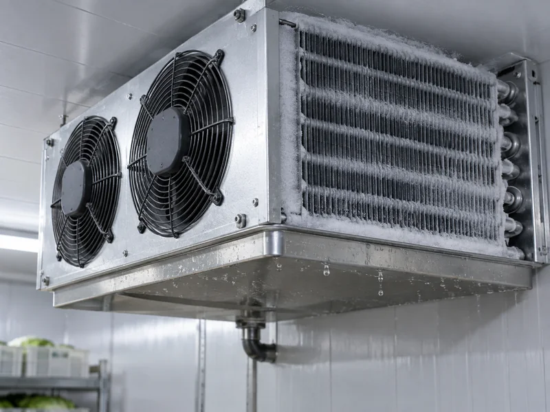 Illustrative frosted cold room evaporator during defrost