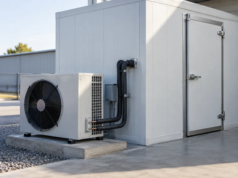 Illustrative commercial condensing unit outside a modular cold room