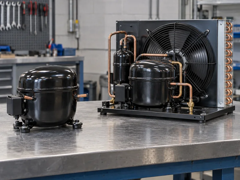Illustrative refrigeration compressor beside a complete condensing unit