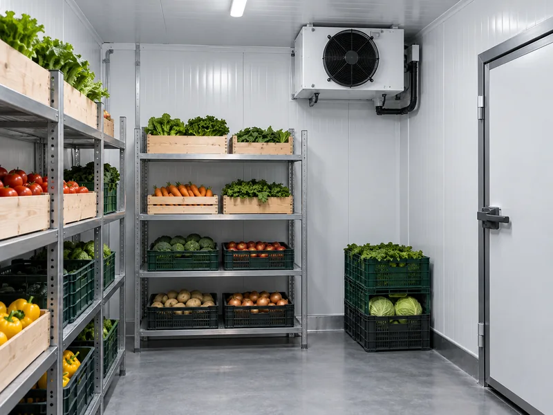 Illustrative small cold room with produce shelving and refrigeration equipment